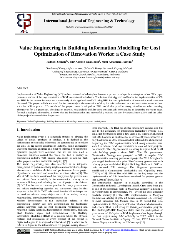 (PDF) Value Engineering in Building Information Modelling for Cost ...