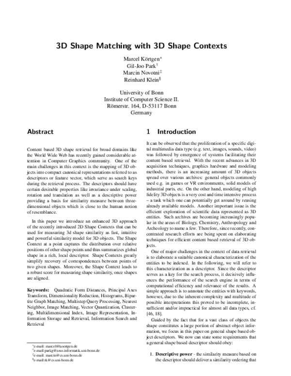 (PDF) 3D shape matching with 3D shape contexts