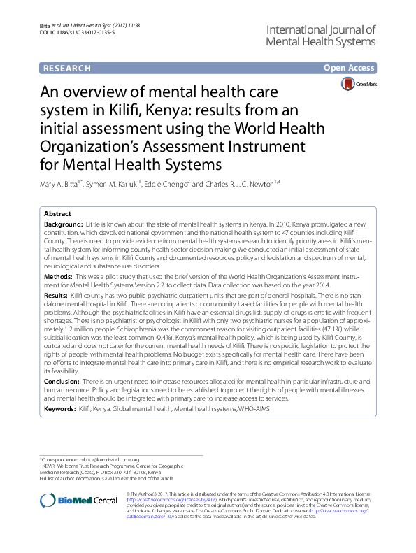 (PDF) An overview of mental health care system in Kilifi, Kenya