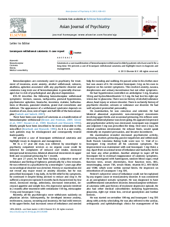 (PDF) Lorazepam withdrawal catatonia A case report Anil Yadav