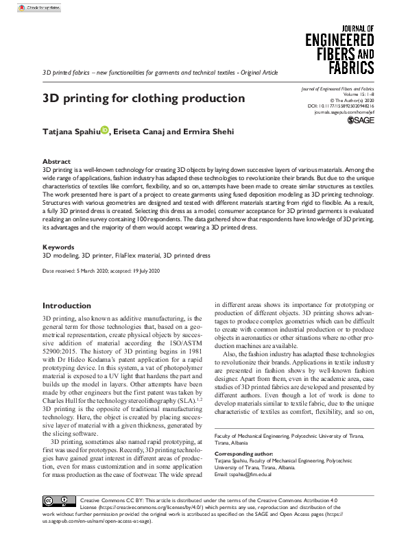 (PDF) 3D printing for clothing production