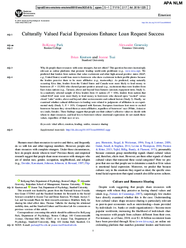 (PDF) Culturally valued facial expressions enhance loan request success
