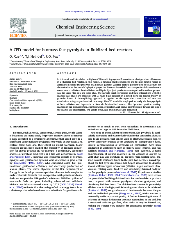 (PDF) A CFD model for biomass fast pyrolysis in fluidized-bed reactors