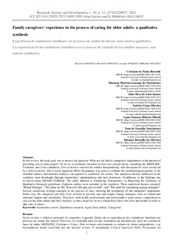 (PDF) Family caregivers’ experience in the process of caring for older ...