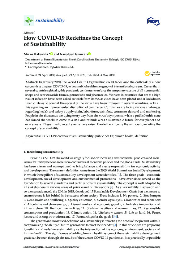 (PDF) How COVID-19 Redefines the Concept of Sustainability