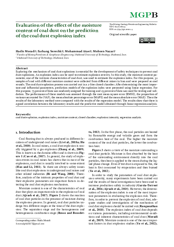 (PDF) Evaluation of the Effect of the Moisture Content of Coal Dust on ...