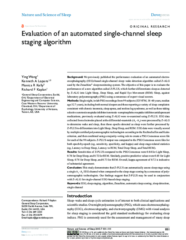 (PDF) Evaluation of an automated single-channel sleep staging algorithm