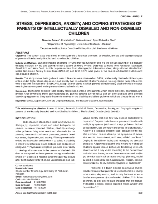 (PDF) Stress, Depression, Anxiety, and Coping Strategies of Parents of ...