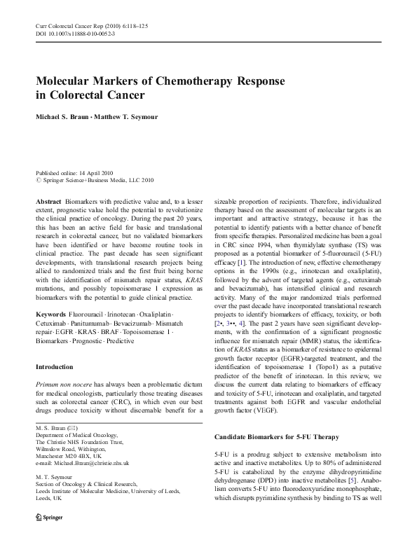 (PDF) Molecular Markers of Chemotherapy Response in Colorectal Cancer