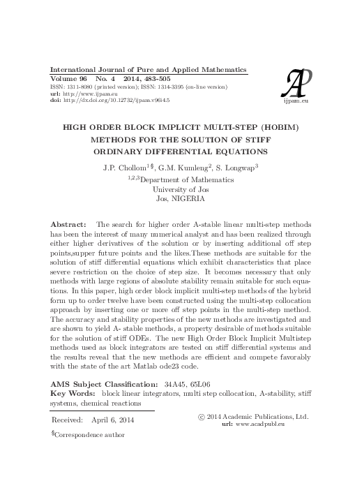(PDF) High Order Block Implicit Multi-Step (Hobim) Methods for the ...