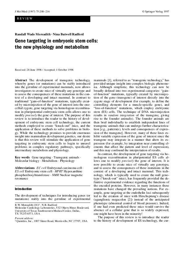 (PDF) Gene targeting in embryonic stem cells: the new physiology and ...