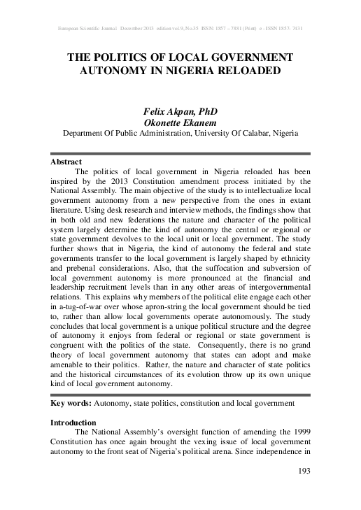(PDF) The Politics of Local Government Autonomy in Nigeria Reloaded