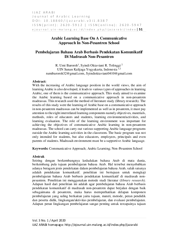 (PDF) Arabic Learning Base On A Communicative Approach In Non-Pesantren ...