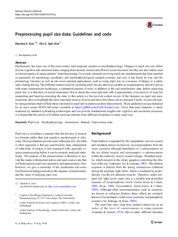 (PDF) Preprocessing pupil size data Guidelines and code Mariska Kret