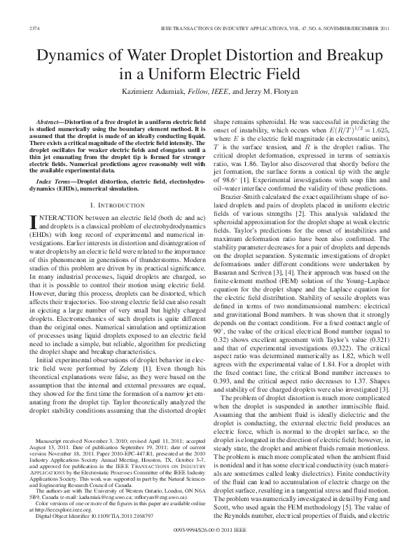 (PDF) Dynamics of Water Droplet Distortion and Breakup in a Uniform ...