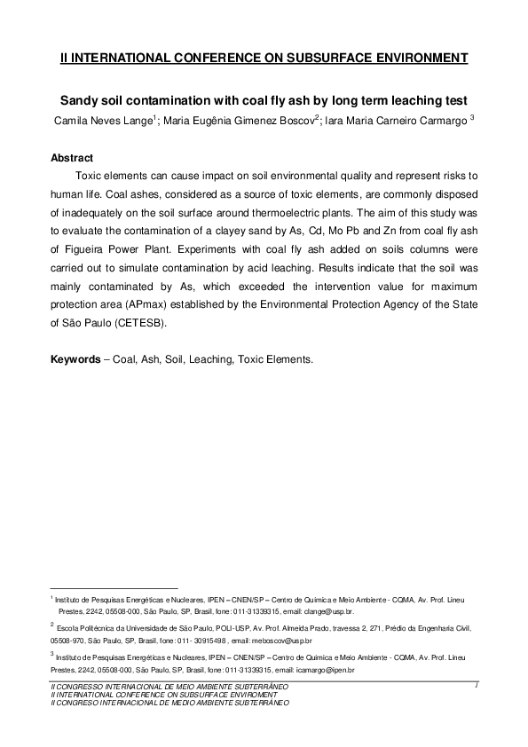 (PDF) Sandy soil contamination with coal fly ash by long term leaching test