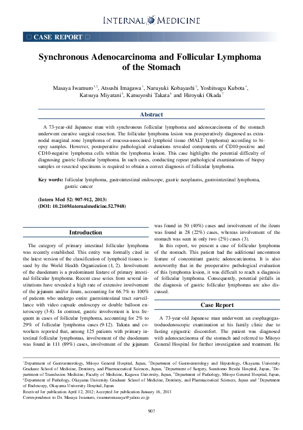(PDF) Synchronous Adenocarcinoma and Follicular Lymphoma of the Stomach
