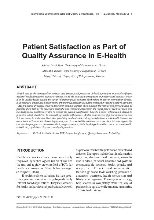 (PDF) Patient Satisfaction as Part of Quality Assurance in E-Health