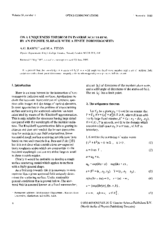 (PDF) On a uniqueness theorem in inverse scattering by an infinite ...