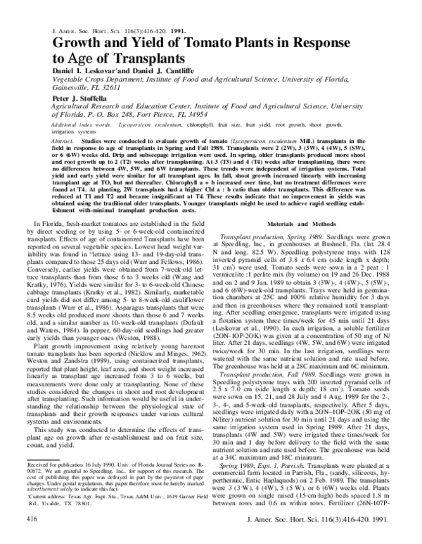 (PDF) Growth and Yield of Tomato Plants in Response to Age of Transplants