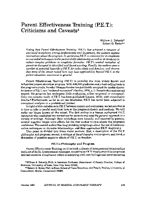 (PDF) Parent Effectiveness Training (P.E.T.): Criticisms and Caveats