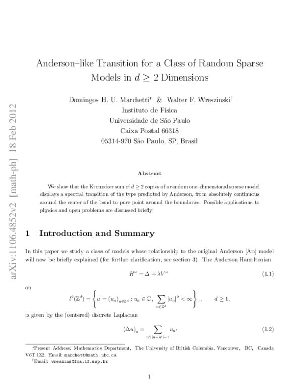 (PDF) Anderson-like Transition for a Class of Random Sparse Models in d ...
