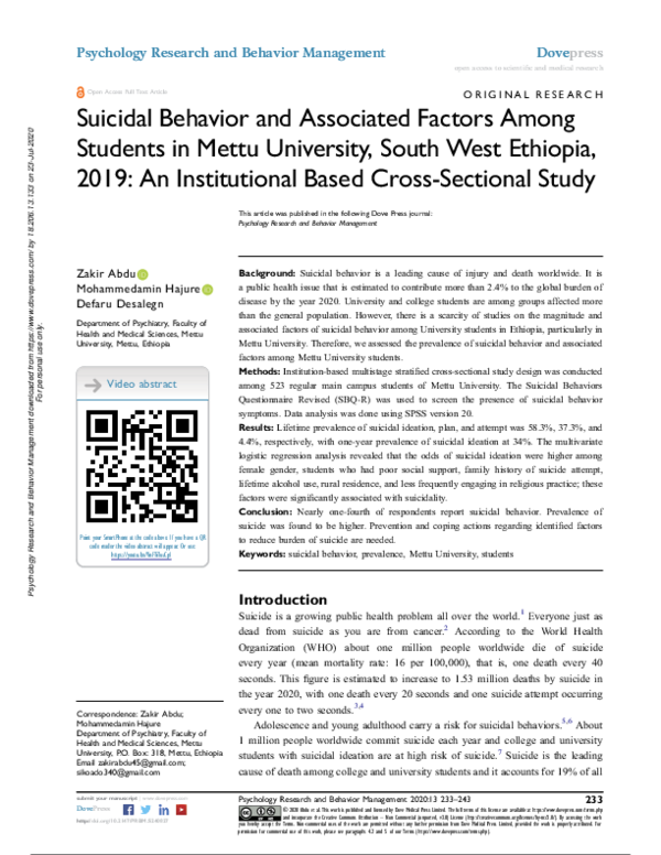 (PDF) Suicidal Behavior and Associated Factors Among Students in Mettu ...