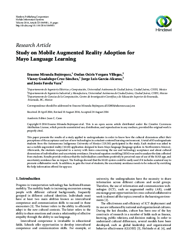 (PDF) Study on Mobile Augmented Reality Adoption for Mayo Language Learning