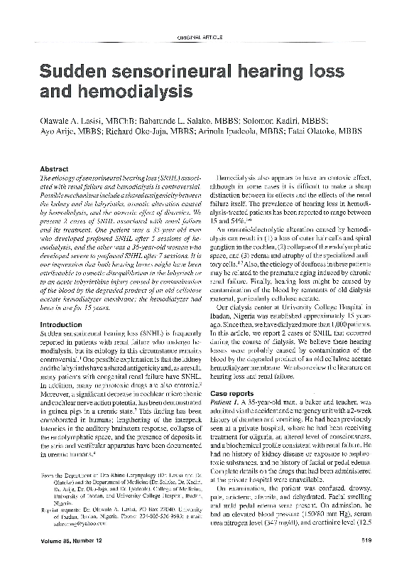 (PDF) Sudden sensorineural hearing loss and hemodialysis