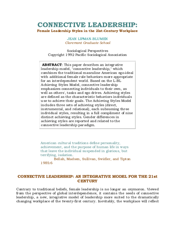 (PDF) Connective Leadership: Female Leadership Styles in the 21st ...