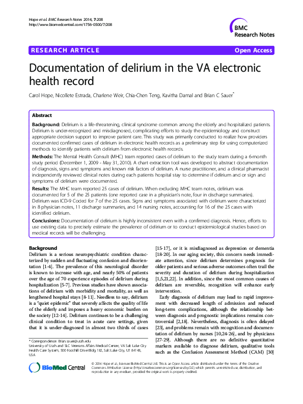 (PDF) Documentation of delirium in the VA electronic health record