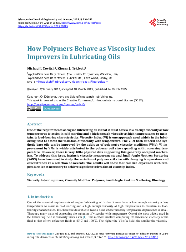 (PDF) How Polymers Behave as Viscosity Index Improvers in Lubricating Oils