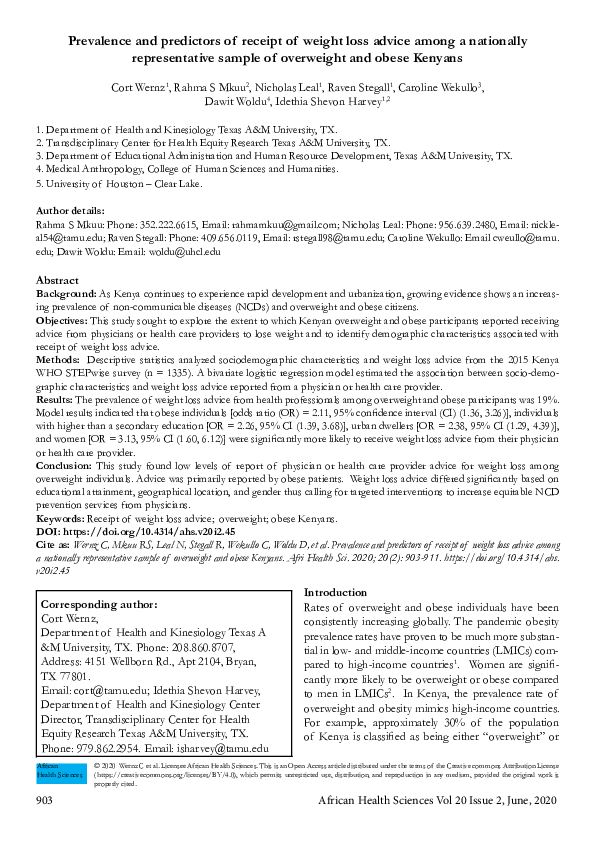 (PDF) Prevalence and predictors of receipt of weight loss advice among ...