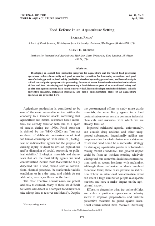 (PDF) Food Defense in an Aquaculture Setting