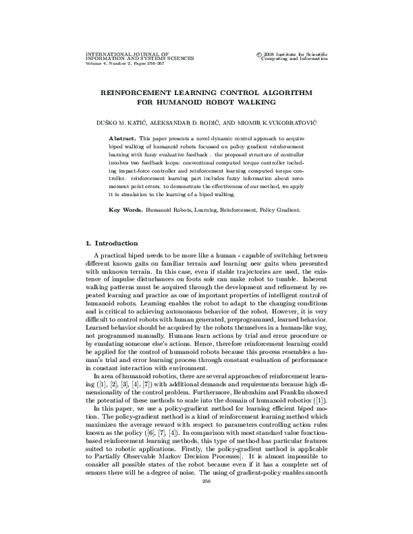 (PDF) Reinforcement Learning Control Algorithm for Humanoid Robot Walking