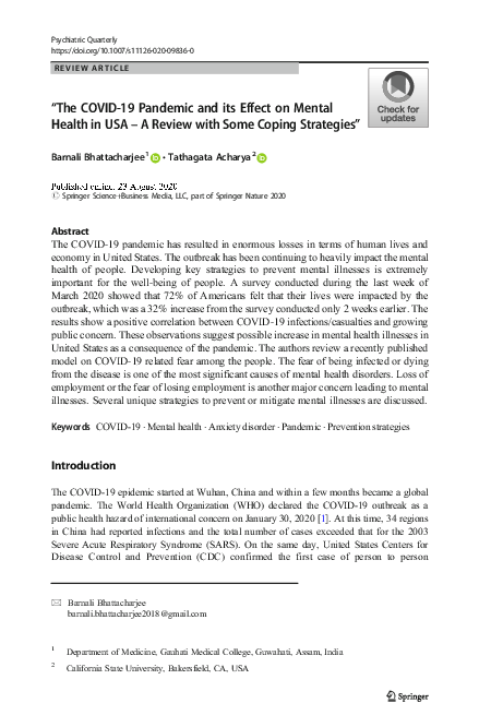 (PDF) “The COVID-19 Pandemic and its Effect on Mental Health in USA – A ...