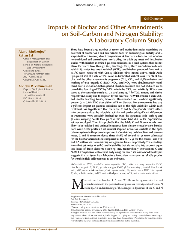 (PDF) Impacts of Biochar and Other Amendments on Soil-Carbon and ...