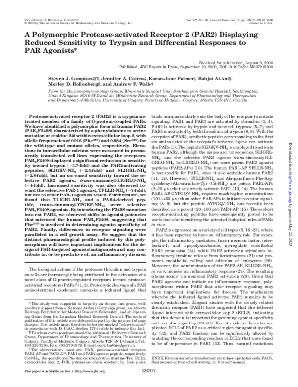 (PDF) A Polymorphic Protease-activated Receptor 2 (PAR2) Displaying ...