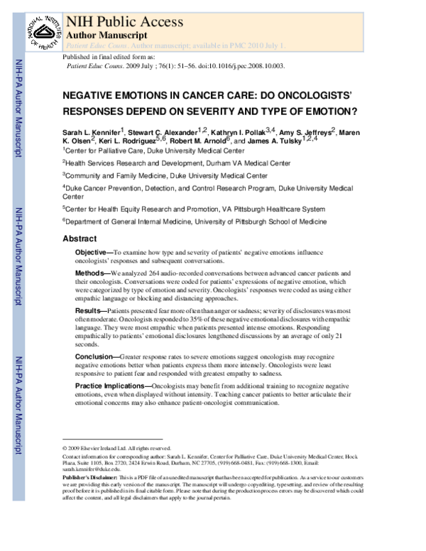(PDF) Faculty of 1000 evaluation for Negative emotions in cancer care ...