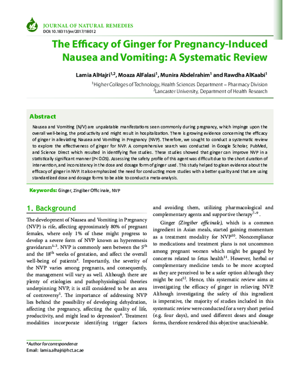 (PDF) The Efficacy of Ginger for PregnancyInduced Nausea and Vomiting