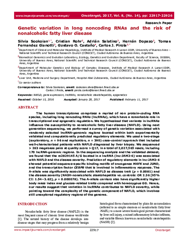 (PDF) Genetic variation in long noncoding RNAs and the risk of ...