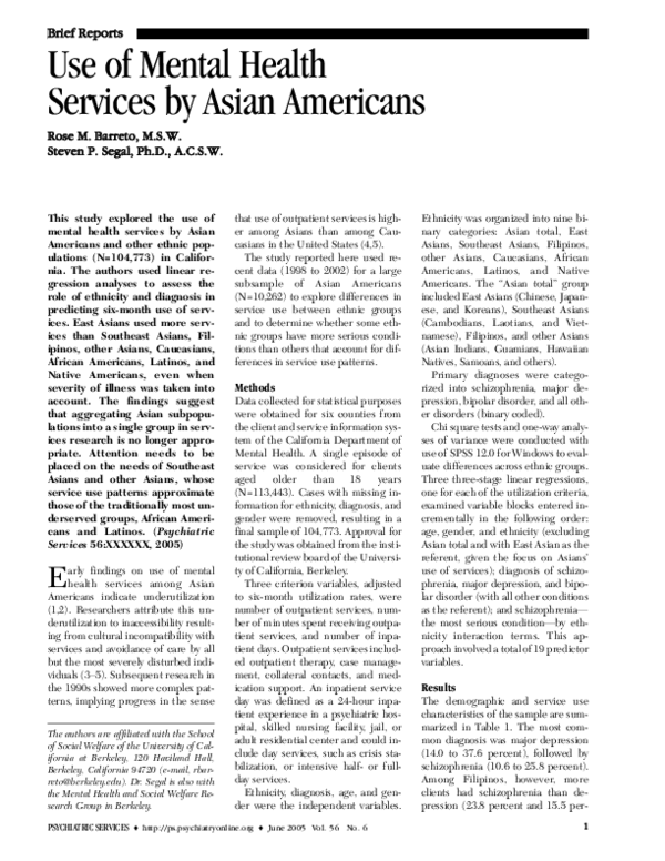 (PDF) Use of Mental Health Services by Asian Americans