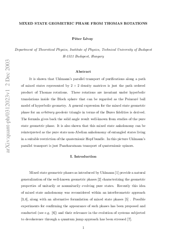 (PDF) Thomas rotation and the mixed state geometric phase