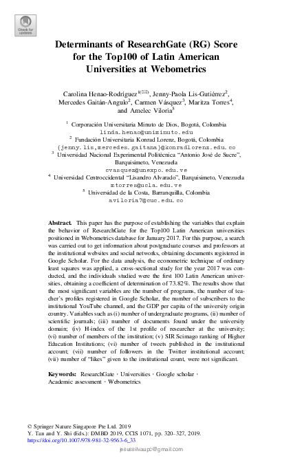 (PDF) Determinants of ResearchGate (RG) Score for the Top100 of Latin ...
