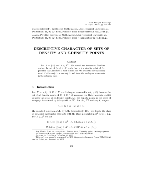 (PDF) Descriptive Character of Sets of Density and I-Density Points