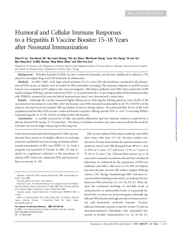 (PDF) Humoral and Cellular Immune Responses to a Hepatitis B Vaccine ...