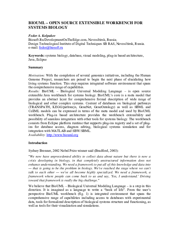 (PDF) Biouml - Open Source Extensible Workbench for Systems Biology
