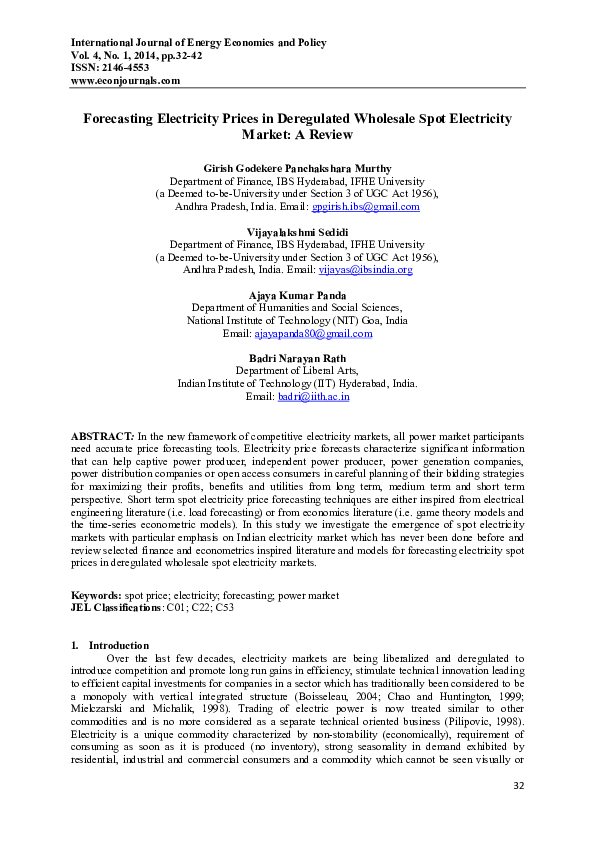 (PDF) Forecasting Electricity Prices in Deregulated Wholesale Spot ...