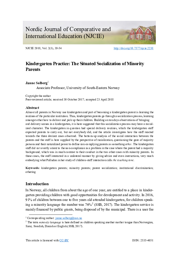 Kindergarten Practice: The Situated Socialization of Minority Parents