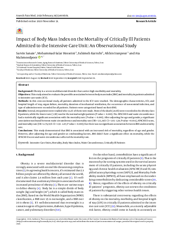 (PDF) Impact of Body Mass Index on the Mortality of Critically Ill ...